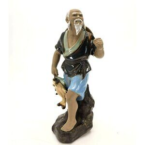 Ceramic Mudman Chinese Fisherman Figurine Oriental Decor Vintage Art JE135